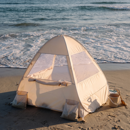 Little Teekie Pop-Up Baby Beach Tent | UPF 50+ with Mesh Sides & Sand Pockets – Sand – styled at the beach