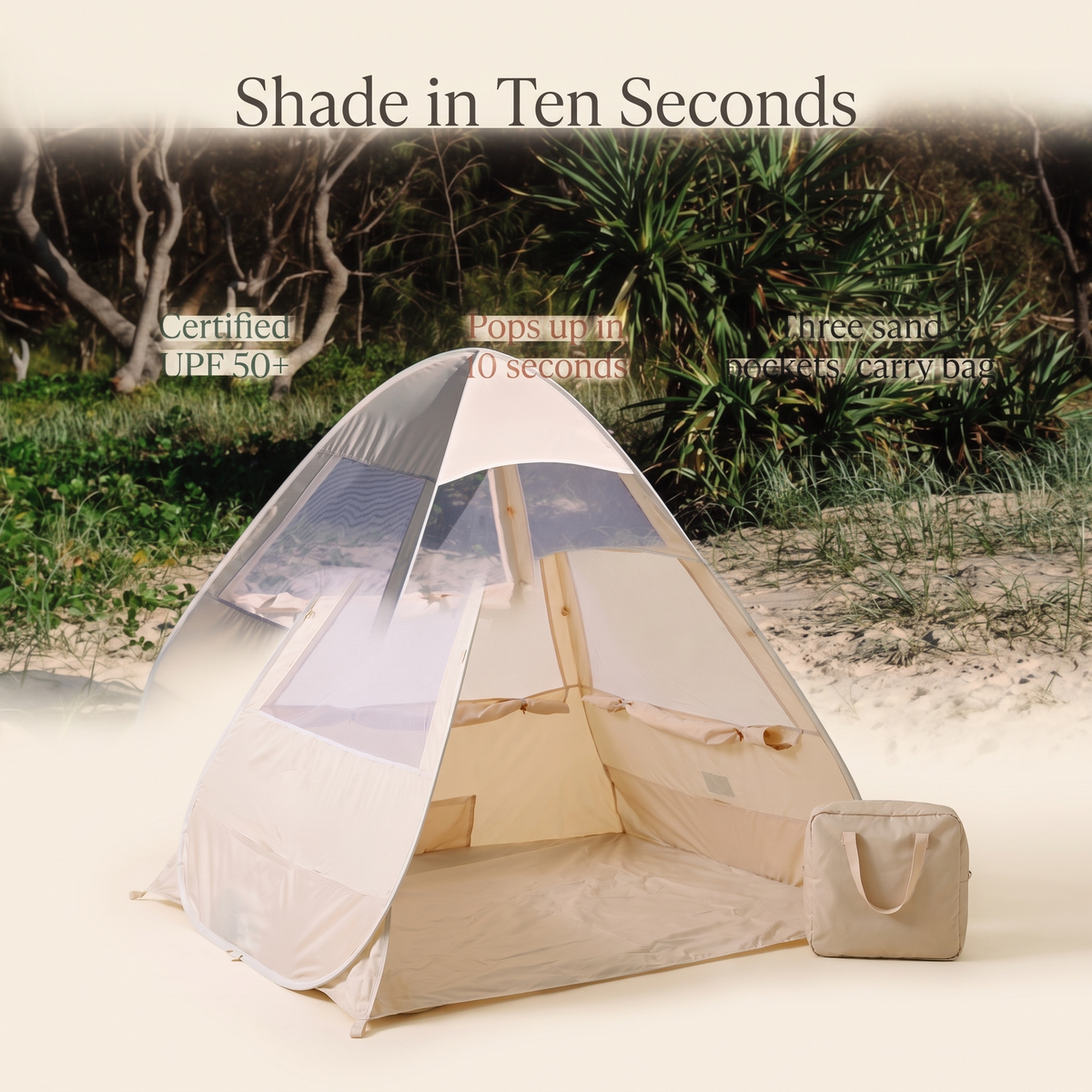 Little Teekie Pop-Up Baby Beach Tent | UPF 50+ with Mesh Sides & Sand Pockets – Sand – key features