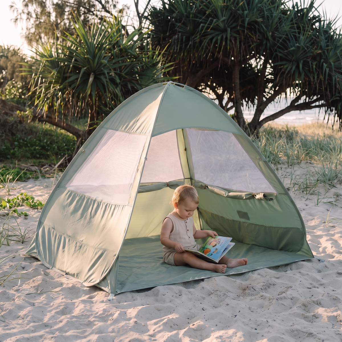Little Teekie Pop-Up Baby Beach Tent | UPF 50+ with Mesh Sides & Sand Pockets – Sage – in use, shows scale