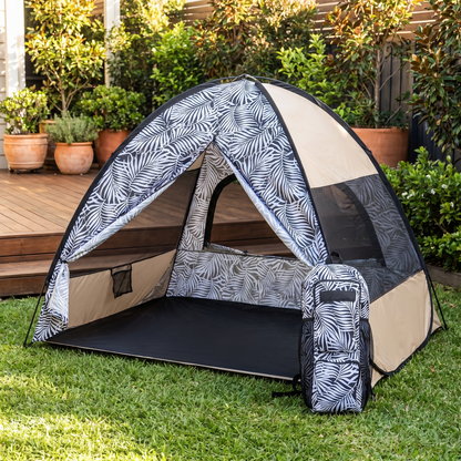 Little Teekie Family Pop-Up Beach Tent | UPF Sun Shelter 210x180cm with Backpack – Sand Stripe – lifestyle hero