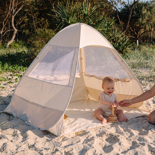 Little Teekie Pop-Up Baby Beach Tent | UPF 50+ with Mesh Sides & Sand Pockets – Sand – in use, shows scale