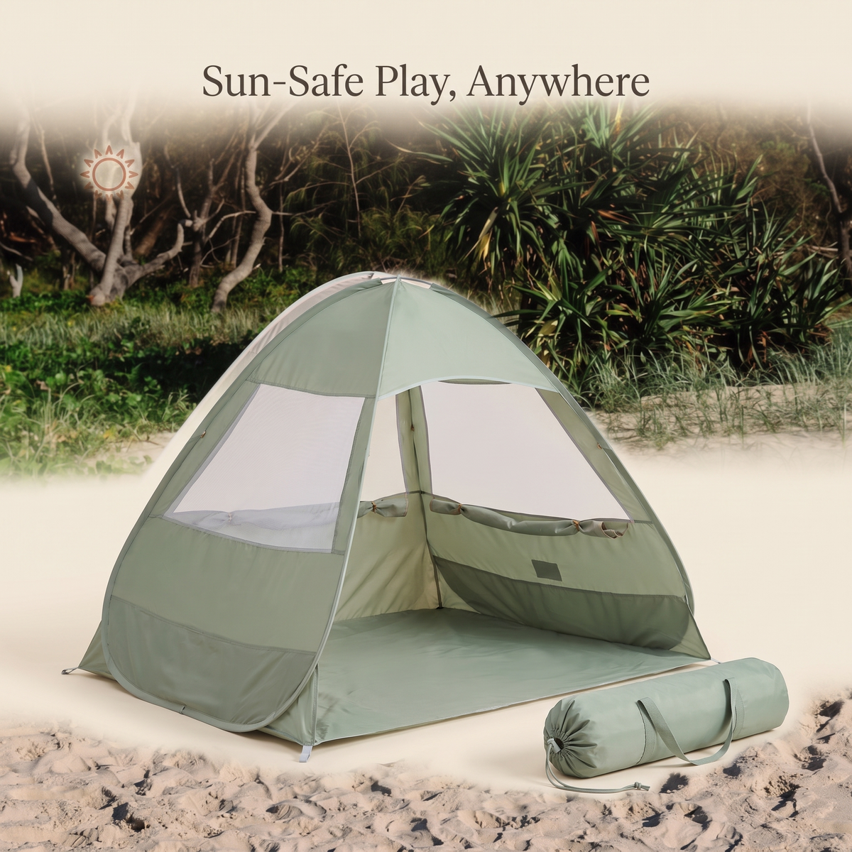 Little Teekie Pop-Up Baby Beach Tent | UPF 50+ with Mesh Sides & Sand Pockets – Sage – key features