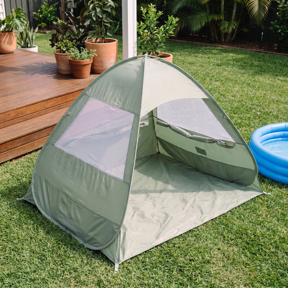 Little Teekie Pop-Up Baby Beach Tent | UPF 50+ with Mesh Sides & Sand Pockets – Sage – styled at the beach