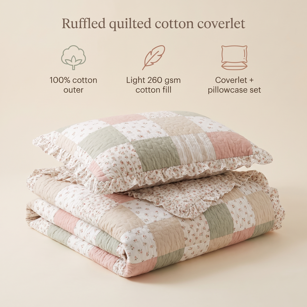 Little Teekie Ruffle Quilted Cotton Coverlet Set | King Single, Light Fill – Blush Floral Patchwork – key features