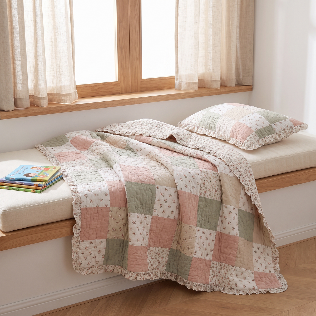 Little Teekie Ruffle Quilted Cotton Coverlet Set | King Single, Light Fill – Blush Floral Patchwork – styled in a kids' bedroom