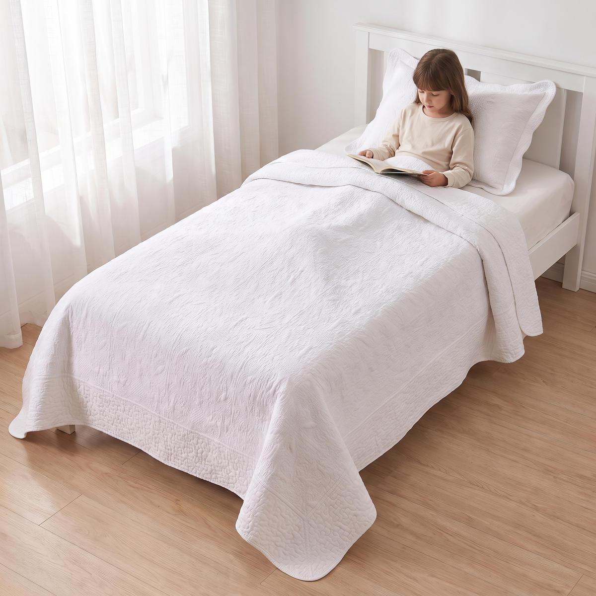 Little Teekie Quilted Cotton Coverlet Set | King Single 195x235cm with Pillowcase – Antique White – in use, shows scale