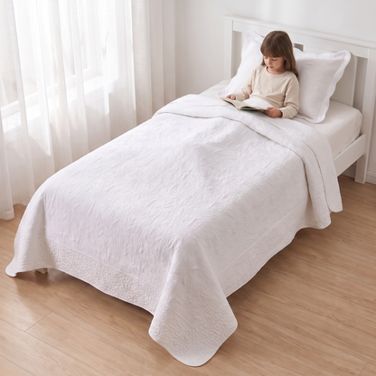 Little Teekie Quilted Cotton Coverlet Set | King Single 195x235cm with Pillowcase – Antique White – in use, shows scale