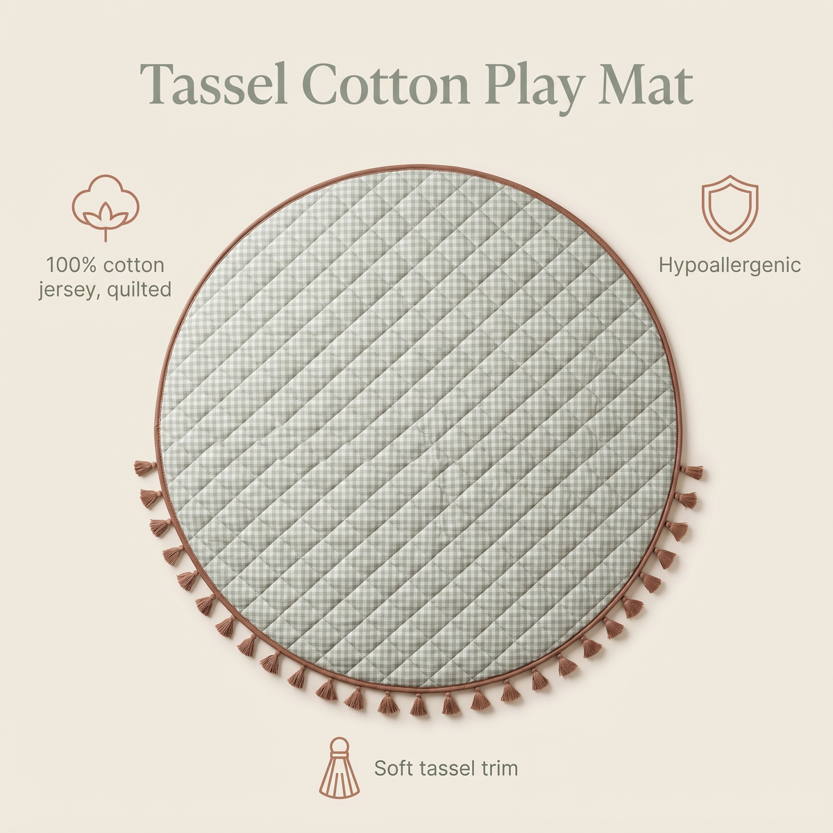 Little Teekie Quilted Cotton Round Play Mat | Tassel Trim 110cm – Sage Gingham – key features