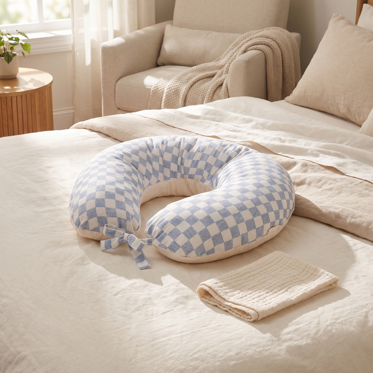 Little Teekie Organic Cotton Nursing Pillow | Feeding Support 64x51cm, Washable Cover – Waves – styled in a nursery