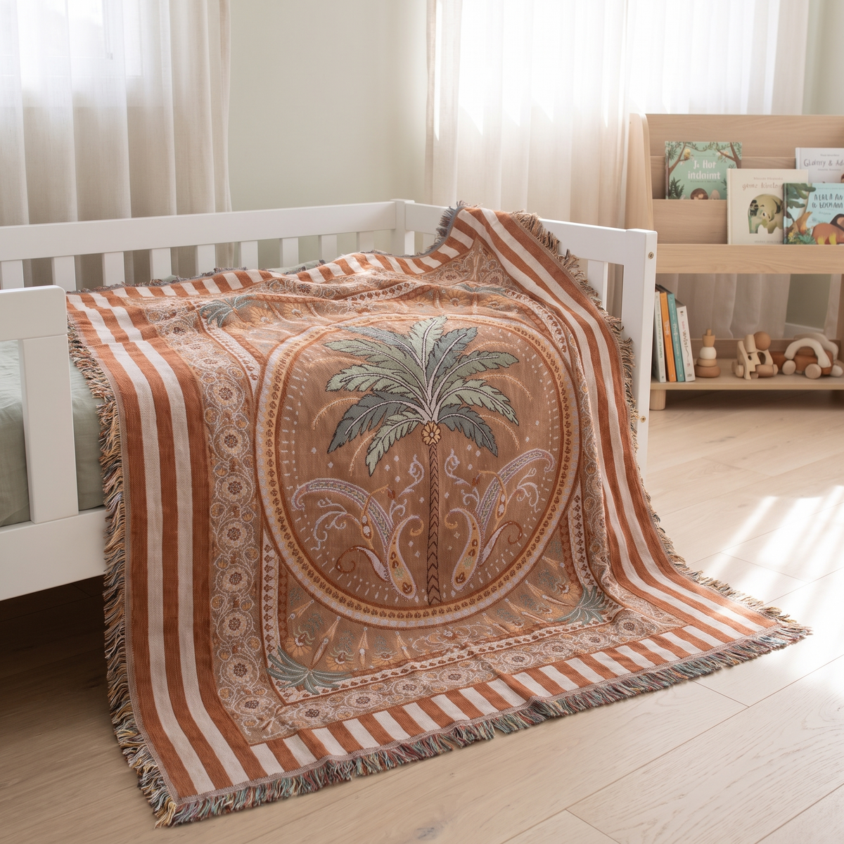 Little Teekie Woven Cotton Picnic Rug & Family Throw | Recycled Cotton 160x200cm – Terracotta Stripe – lifestyle hero