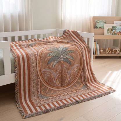 Little Teekie Woven Cotton Picnic Rug & Family Throw | Recycled Cotton 160x200cm – Terracotta Stripe – lifestyle hero