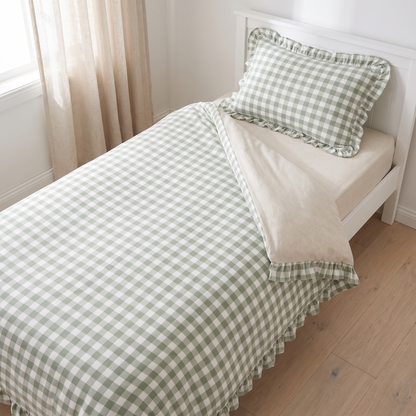 Little Teekie Quilt Cover & Ruffle Pillowcase Bundle | Single 140x210cm – Sage Gingham – lifestyle hero