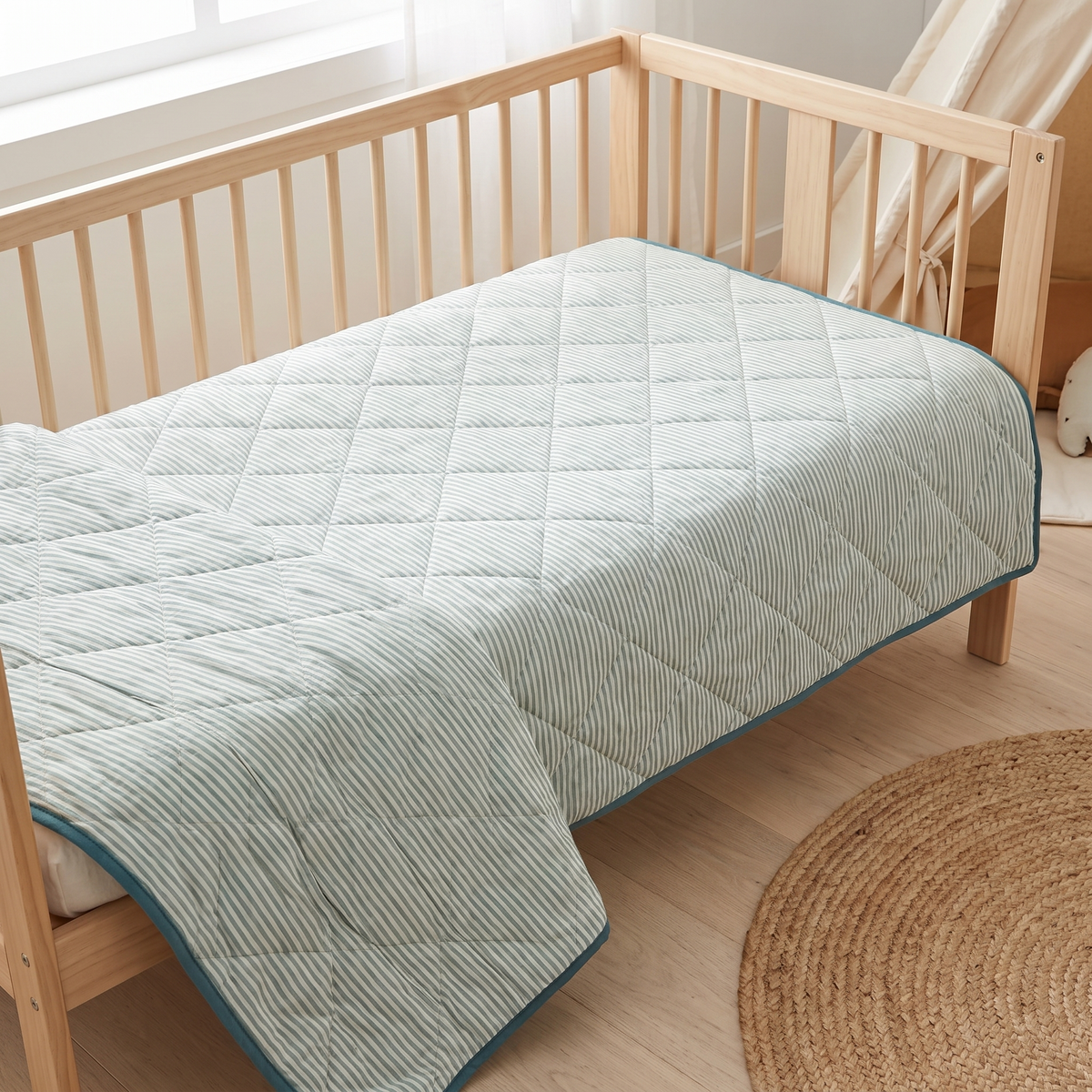 Little Teekie Quilted Cotton Cot Bedspread | Kids Quilt 100x120cm, Cotton Fill – Sage Stripe – lifestyle hero