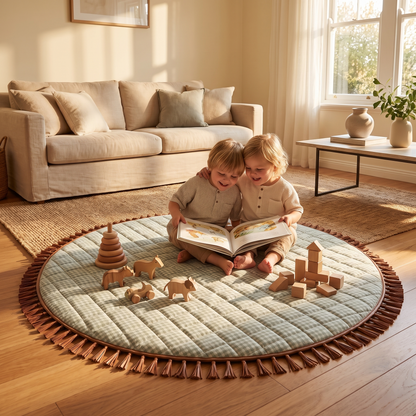 Little Teekie Quilted Cotton Round Play Mat | Tassel Trim 110cm – Sage Gingham – styled in a nursery