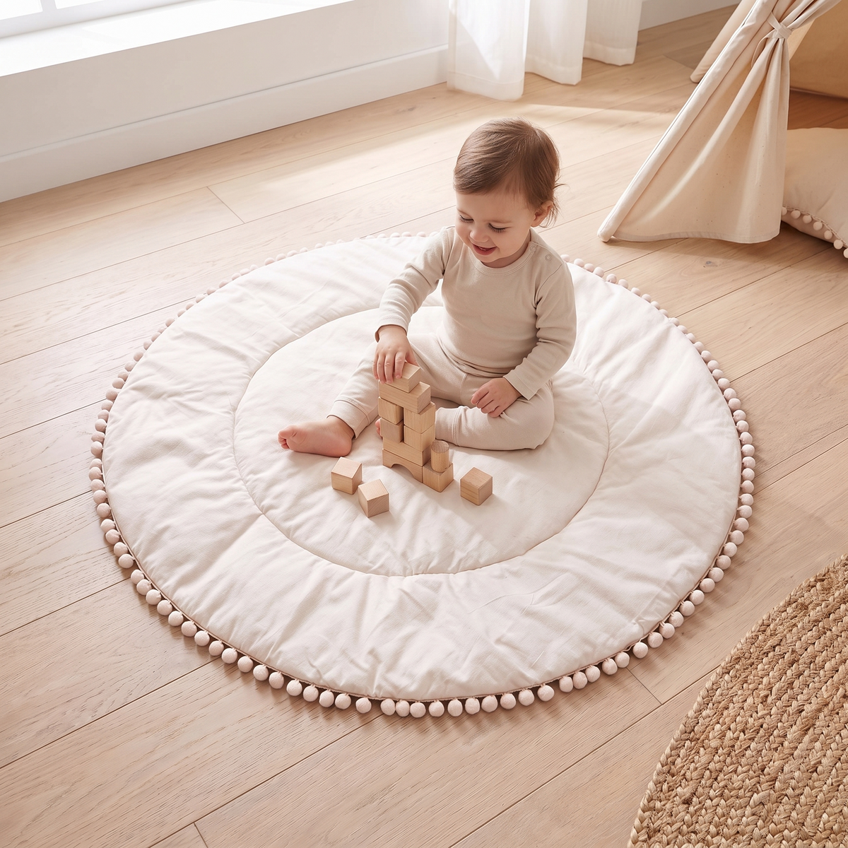 Little Teekie Quilted Cotton Round Play Mat | Pom-Pom Trim 110cm – Oat – in use, shows scale