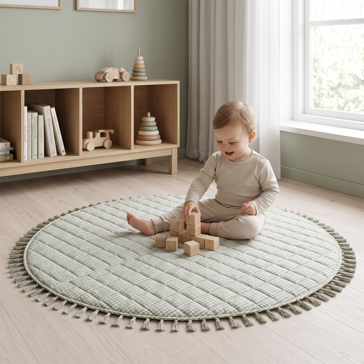 Little Teekie Quilted Cotton Round Play Mat | Tassel Trim 110cm – Sage Gingham – in use, shows scale