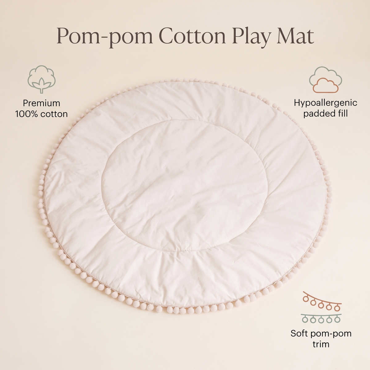 Little Teekie Quilted Cotton Round Play Mat | Pom-Pom Trim 110cm – Oat – key features
