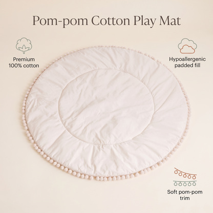 Little Teekie Quilted Cotton Round Play Mat | Pom-Pom Trim 110cm – Oat – key features