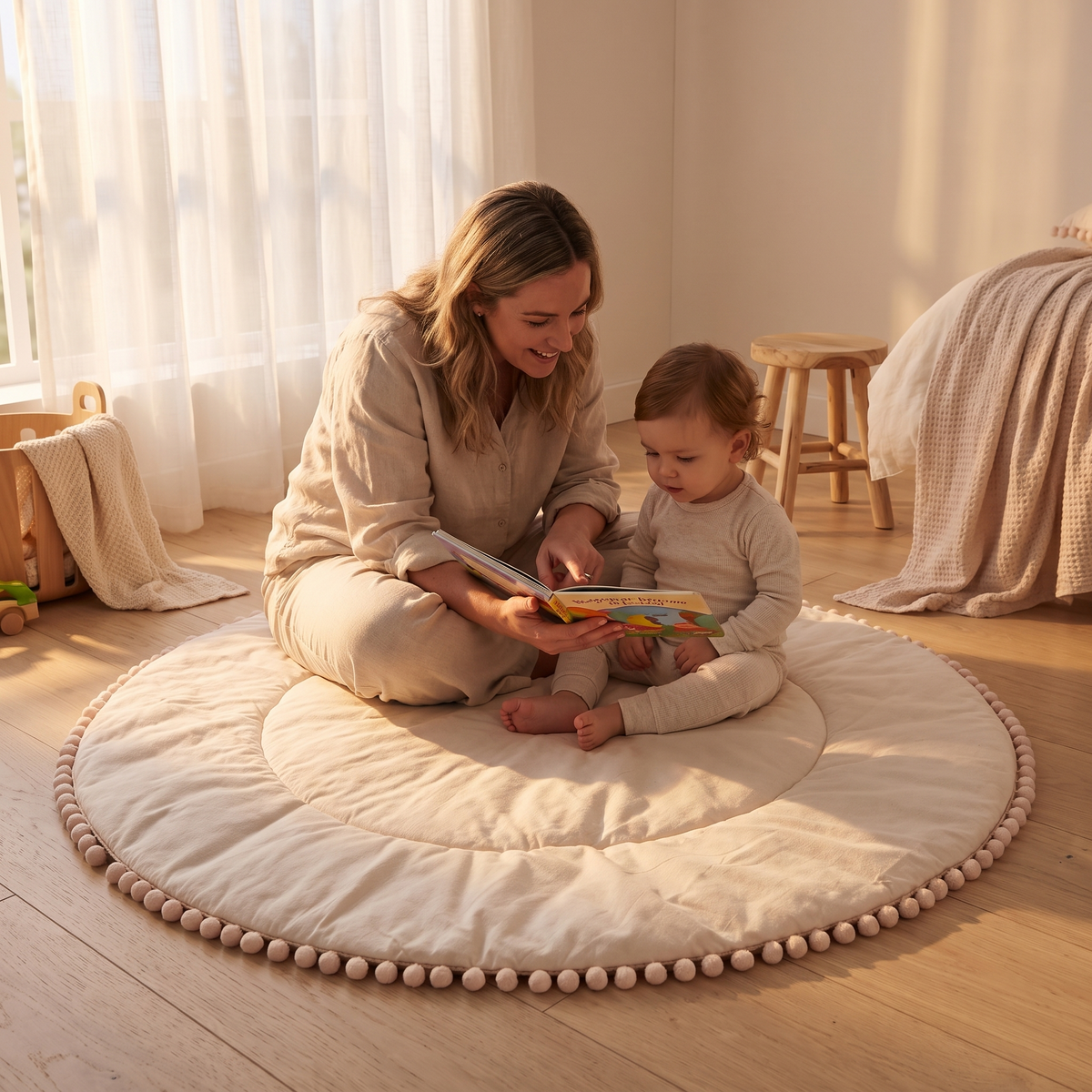Little Teekie Quilted Cotton Round Play Mat | Pom-Pom Trim 110cm – Oat – styled in a nursery