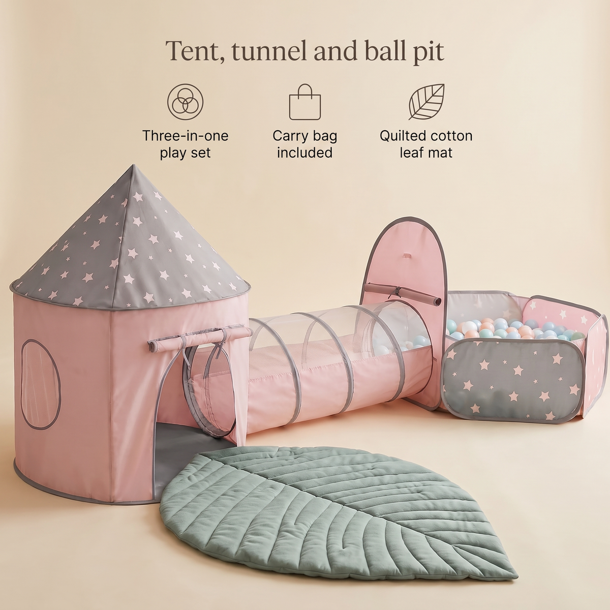 Little Teekie Play Tent, Tunnel & Ball Pit Bundle | 3-in-1 Set with Leaf Play Mat – Grey – key features