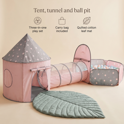 Little Teekie Play Tent, Tunnel & Ball Pit Bundle | 3-in-1 Set with Leaf Play Mat – Grey – key features