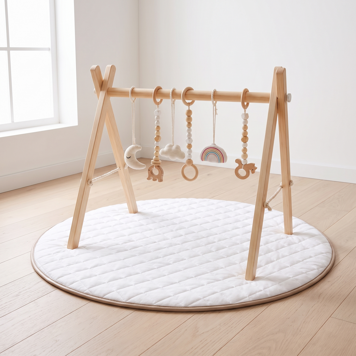 Little Teekie Wooden Play Gym & Mat Bundle | Pinewood Activity Frame & Round Quilted Mat – Natural – lifestyle hero