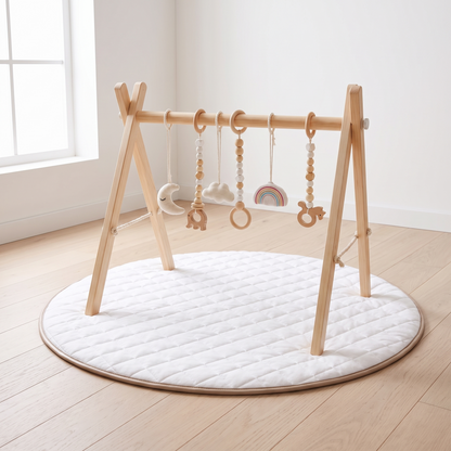 Little Teekie Wooden Play Gym & Mat Bundle | Pinewood Activity Frame & Round Quilted Mat – Natural – lifestyle hero