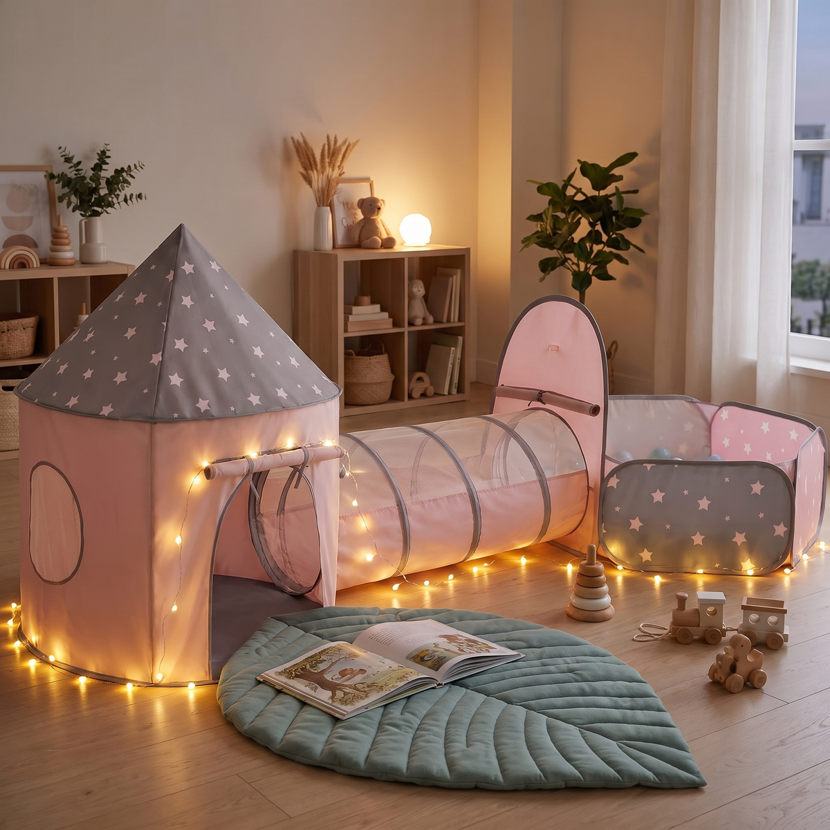 Little Teekie Play Tent, Tunnel & Ball Pit Bundle | 3-in-1 Set with Leaf Play Mat – Grey – styled in a playroom