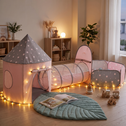 Little Teekie Play Tent, Tunnel & Ball Pit Bundle | 3-in-1 Set with Leaf Play Mat – Grey – styled in a playroom