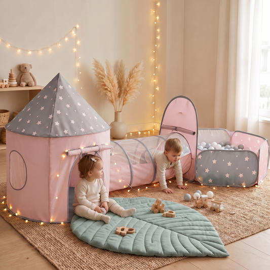 Little Teekie Play Tent, Tunnel & Ball Pit Bundle | 3-in-1 Set with Leaf Play Mat – Grey – in use, shows scale