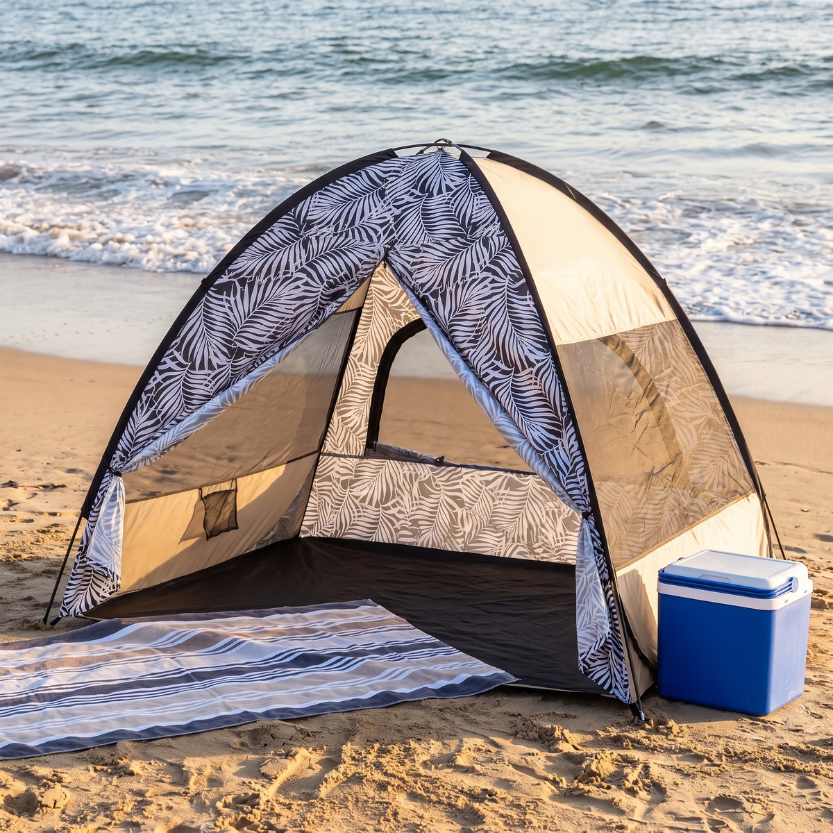 Little Teekie Family Pop-Up Beach Tent | UPF Sun Shelter 210x180cm with Backpack – Sand Stripe – styled at the beach