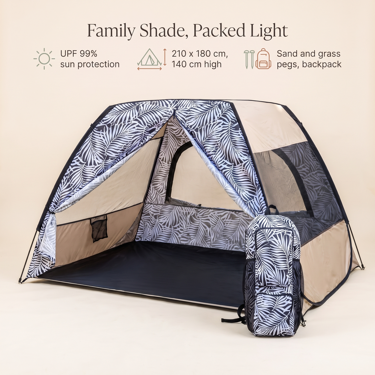 Little Teekie Family Pop-Up Beach Tent | UPF Sun Shelter 210x180cm with Backpack – Sand Stripe – key features