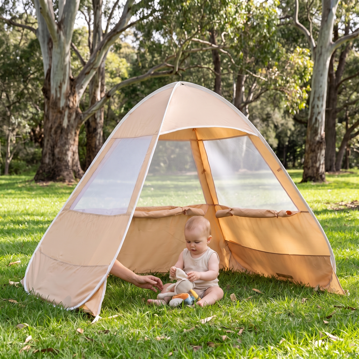 Little Teekie Pop-Up Baby Beach Tent | UPF 50+ with Mesh Sides & Sand Pockets – Gingham – in use, shows scale