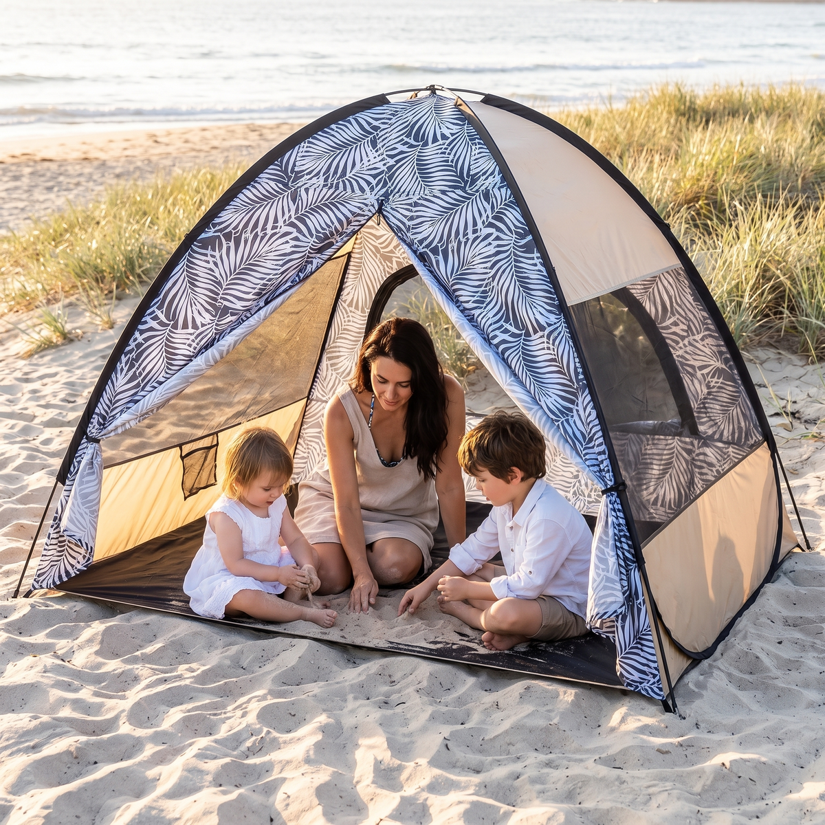 Little Teekie Family Pop-Up Beach Tent | UPF Sun Shelter 210x180cm with Backpack – Sand Stripe – in use, shows scale