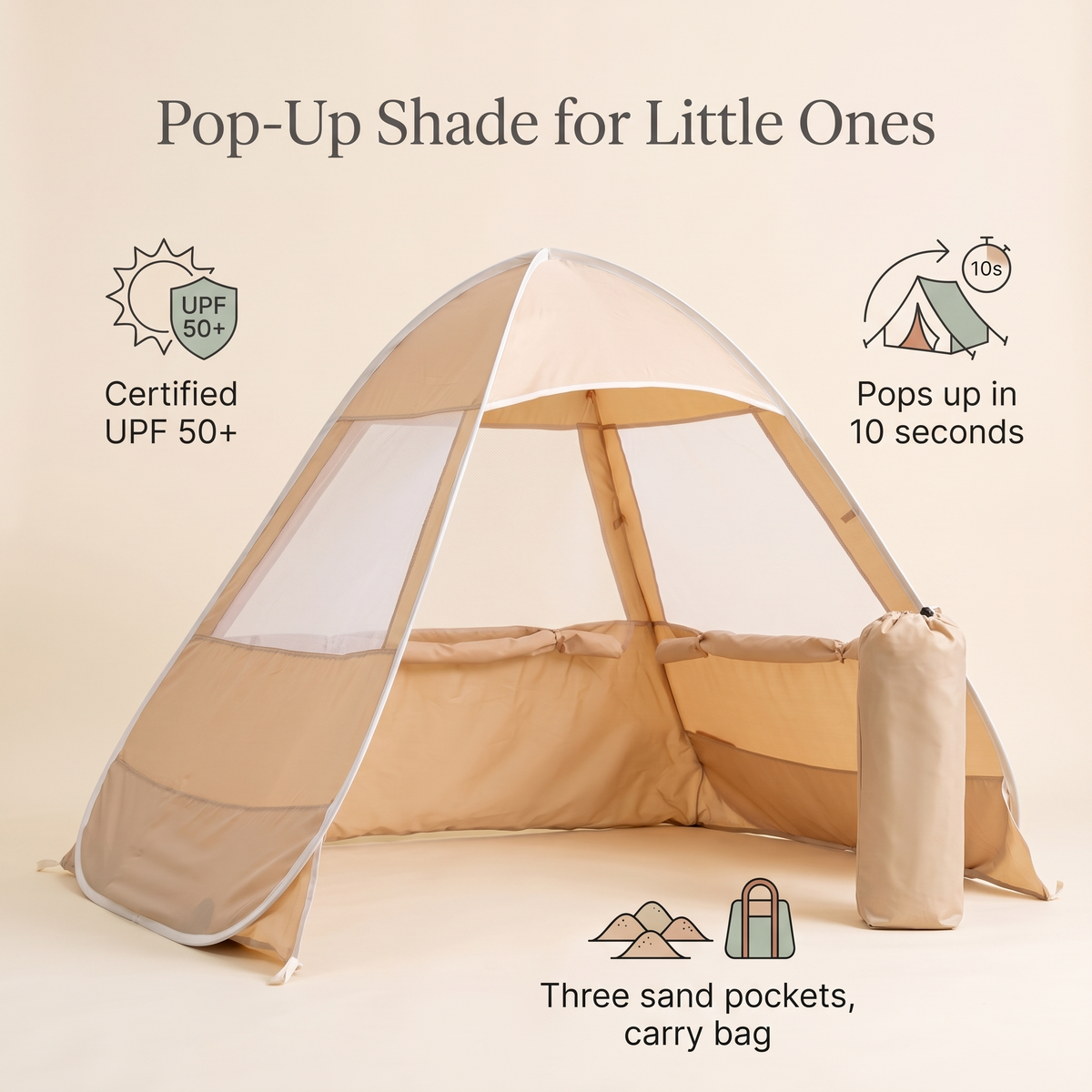 Little Teekie Pop-Up Baby Beach Tent | UPF 50+ with Mesh Sides & Sand Pockets – Gingham – key features