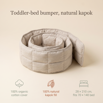 Little Teekie Toddler Bed Bumper | Organic Cotton, Kapok Fill 28x210cm – Oat Linen – key features