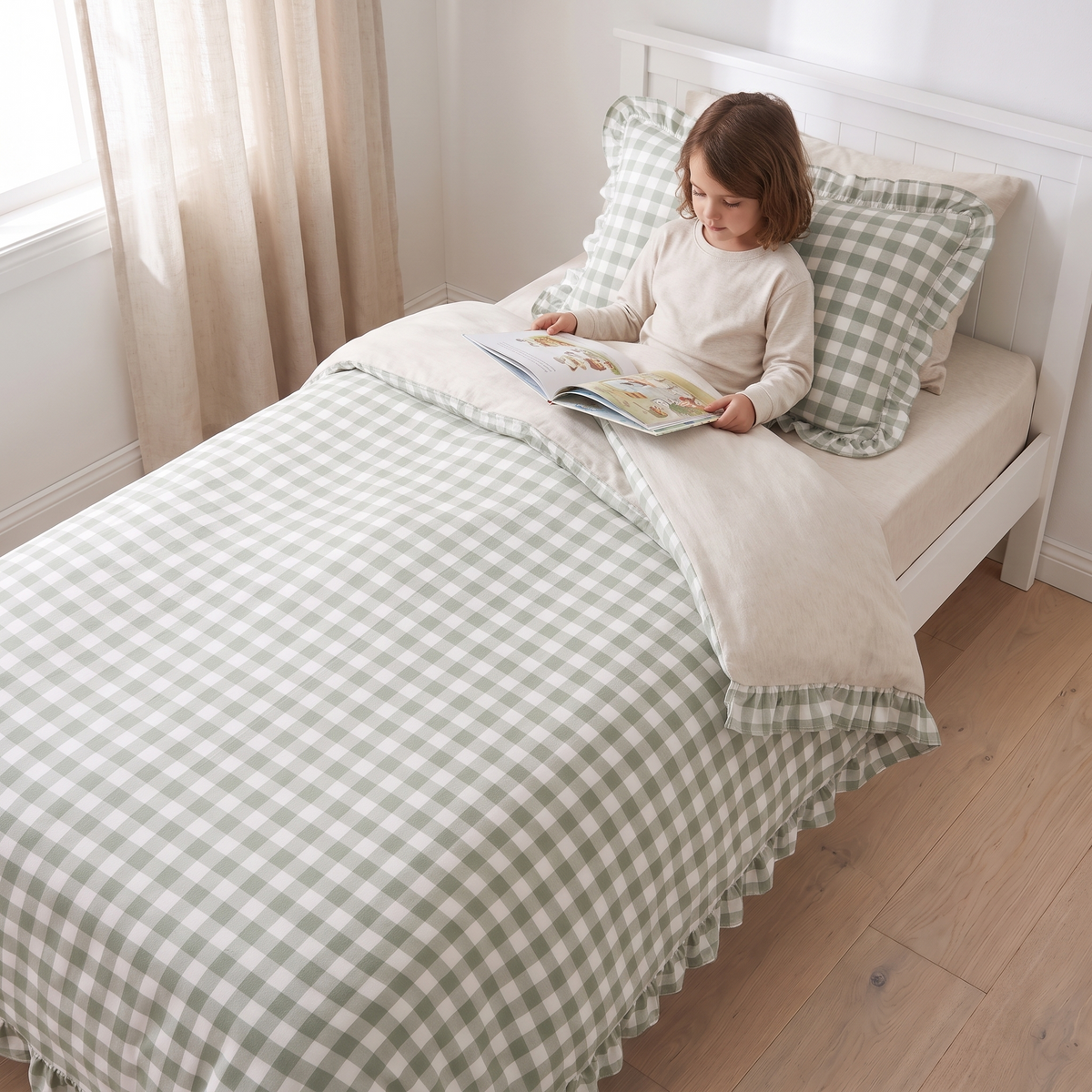Little Teekie Quilt Cover & Ruffle Pillowcase Bundle | Single 140x210cm – Sage Gingham – in use, shows scale