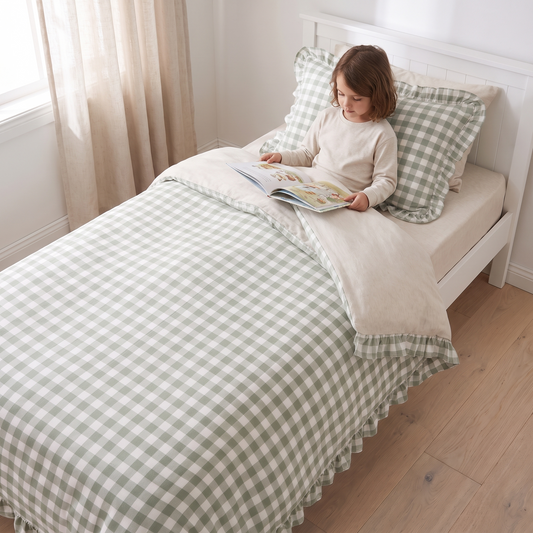 Little Teekie Quilt Cover & Ruffle Pillowcase Bundle | Single 140x210cm – Sage Gingham – in use, shows scale