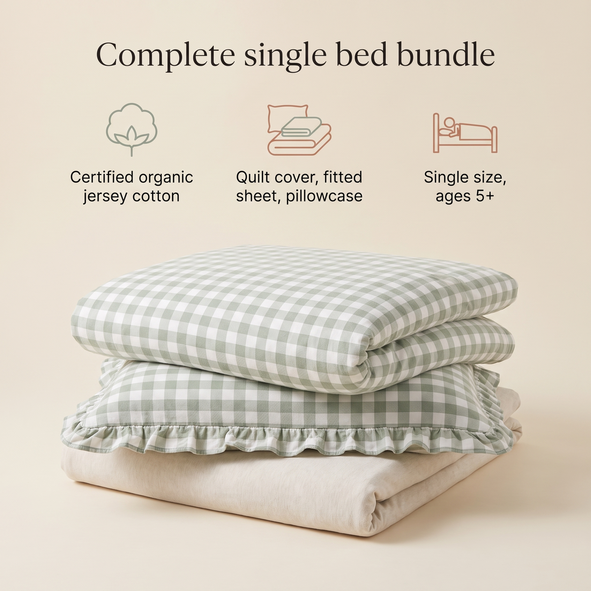 Little Teekie Quilt Cover & Ruffle Pillowcase Bundle | Single 140x210cm – Sage Gingham – key features