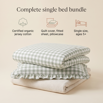 Little Teekie Quilt Cover & Ruffle Pillowcase Bundle | Single 140x210cm – Sage Gingham – key features
