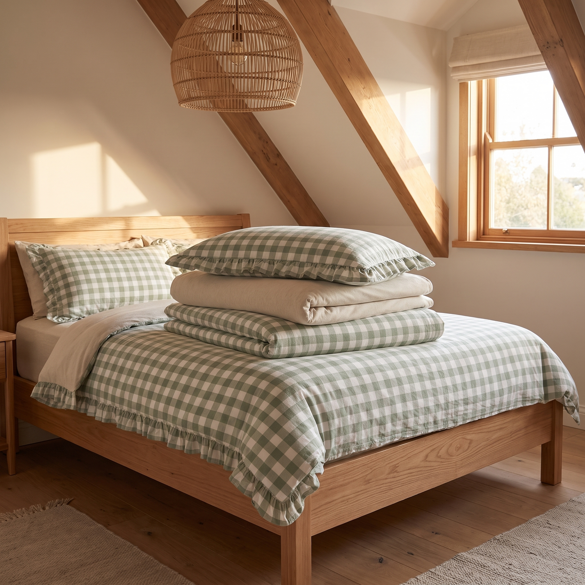 Little Teekie Quilt Cover & Ruffle Pillowcase Bundle | Single 140x210cm – Sage Gingham – styled in a kids' bedroom