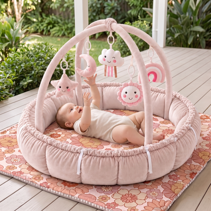 Little Teekie Play Gym & Mat Bundle | 5-in-1 Plush Play Gym & Organic Cotton Padded Mat – Blooms – in use, shows scale