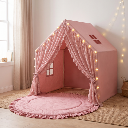 Little Teekie Lace Play Tent & Mat Bundle | Tent with String Lights & Round Ruffle Playmat 125cm – Rose – lifestyle hero