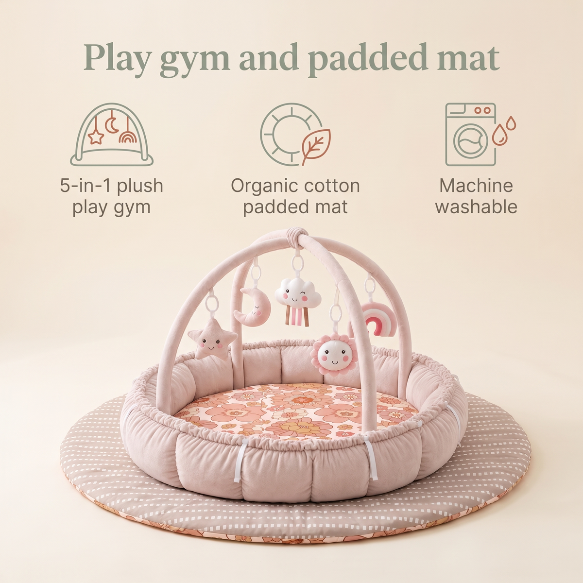 Little Teekie Play Gym & Mat Bundle | 5-in-1 Plush Play Gym & Organic Cotton Padded Mat – Blooms – key features