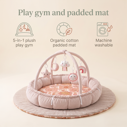 Little Teekie Play Gym & Mat Bundle | 5-in-1 Plush Play Gym & Organic Cotton Padded Mat – Blooms – key features