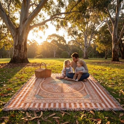 Little Teekie Woven Cotton Picnic Rug & Family Throw | Recycled Cotton 160x200cm – Terracotta Stripe – styled in a backyard