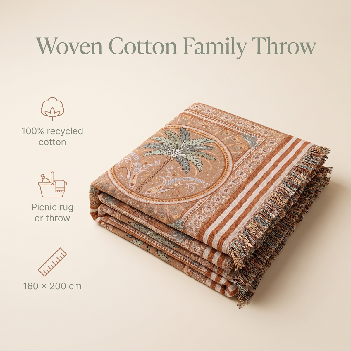 Little Teekie Woven Cotton Picnic Rug & Family Throw | Recycled Cotton 160x200cm – Terracotta Stripe – key features