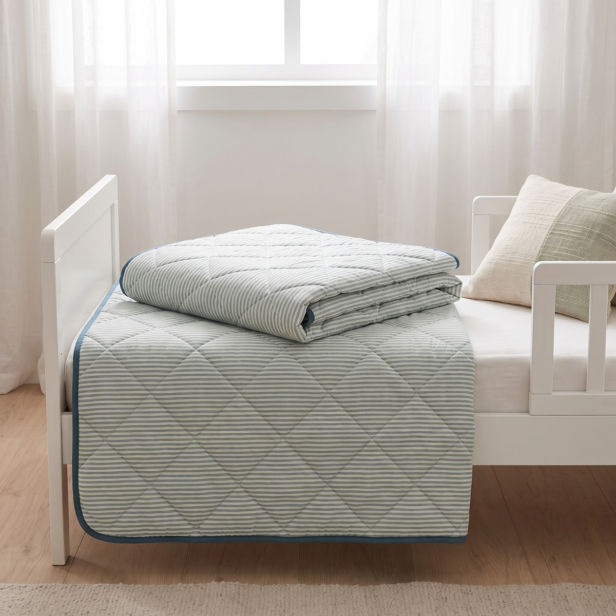 Little Teekie Quilted Cotton Cot Bedspread | Kids Quilt 100x120cm, Cotton Fill – Sage Stripe – styled in a nursery