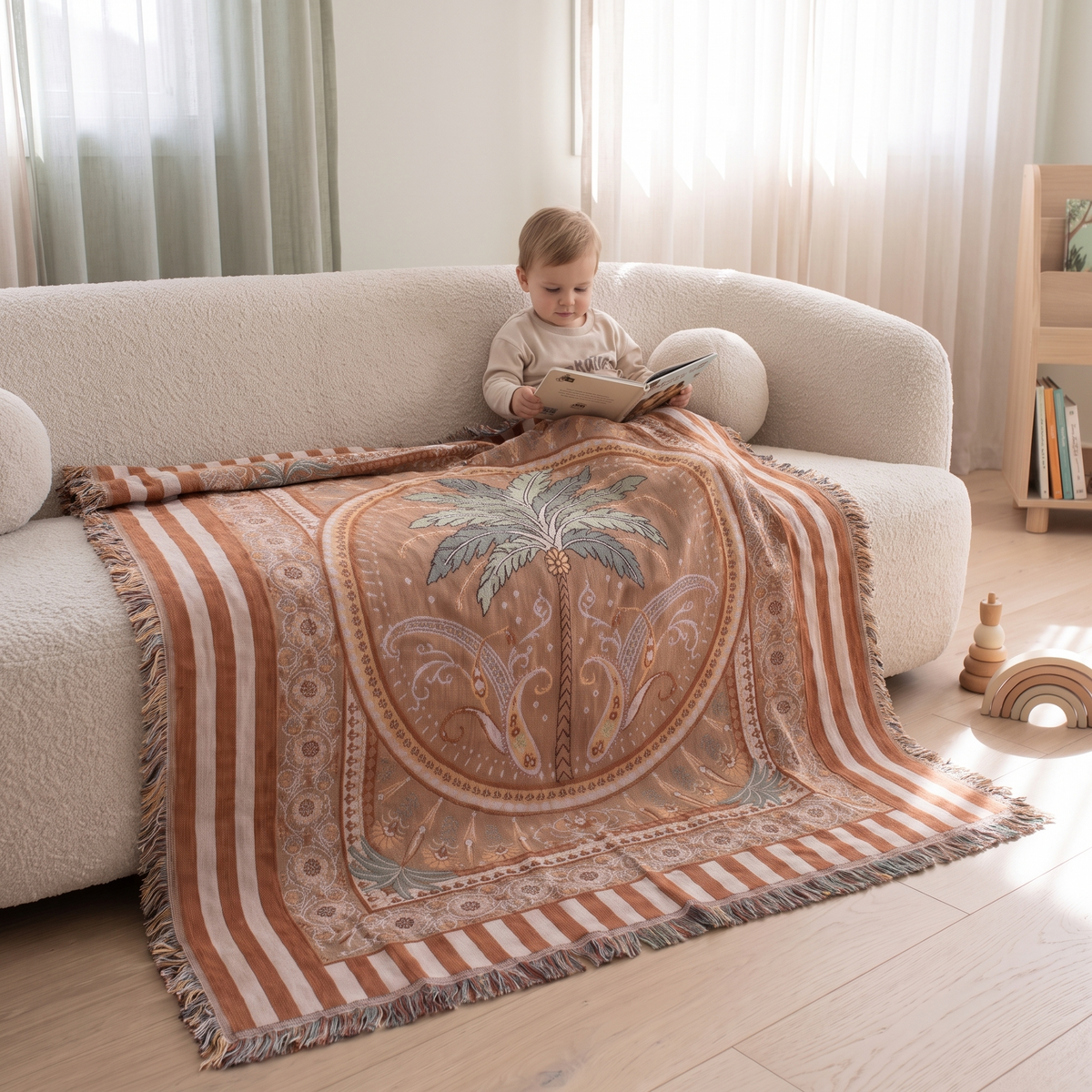 Little Teekie Woven Cotton Picnic Rug & Family Throw | Recycled Cotton 160x200cm – Terracotta Stripe – in use, shows scale