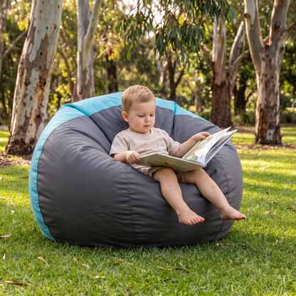 Little Teekie Outdoor Kids Bean Bag Cover | Water-Repellent Olefin, Cover Only – Terracotta Stripe – in use, shows scale